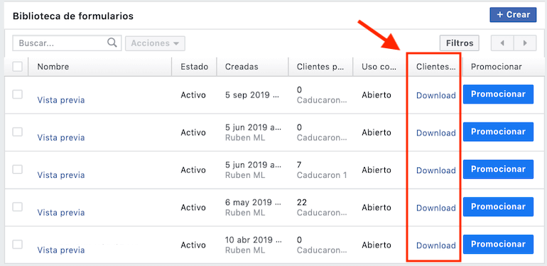 Descargar leads de facebook ads